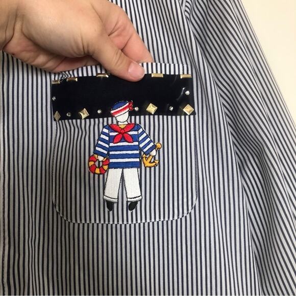 Marquis Nautical Sailor Striped Bedazzled Long Sleeve Button Up Collar Shirt Top - Picture 3 of 8
